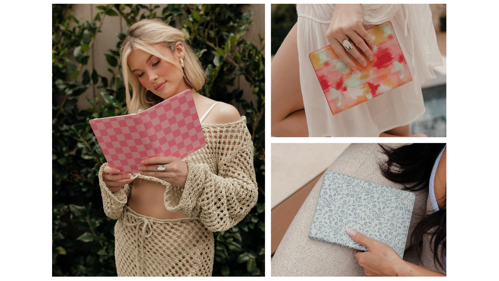 Collage of a woman holding a pink checkered kindle case, a colorful watercolor kindle case, and a blue floral kindle case. 